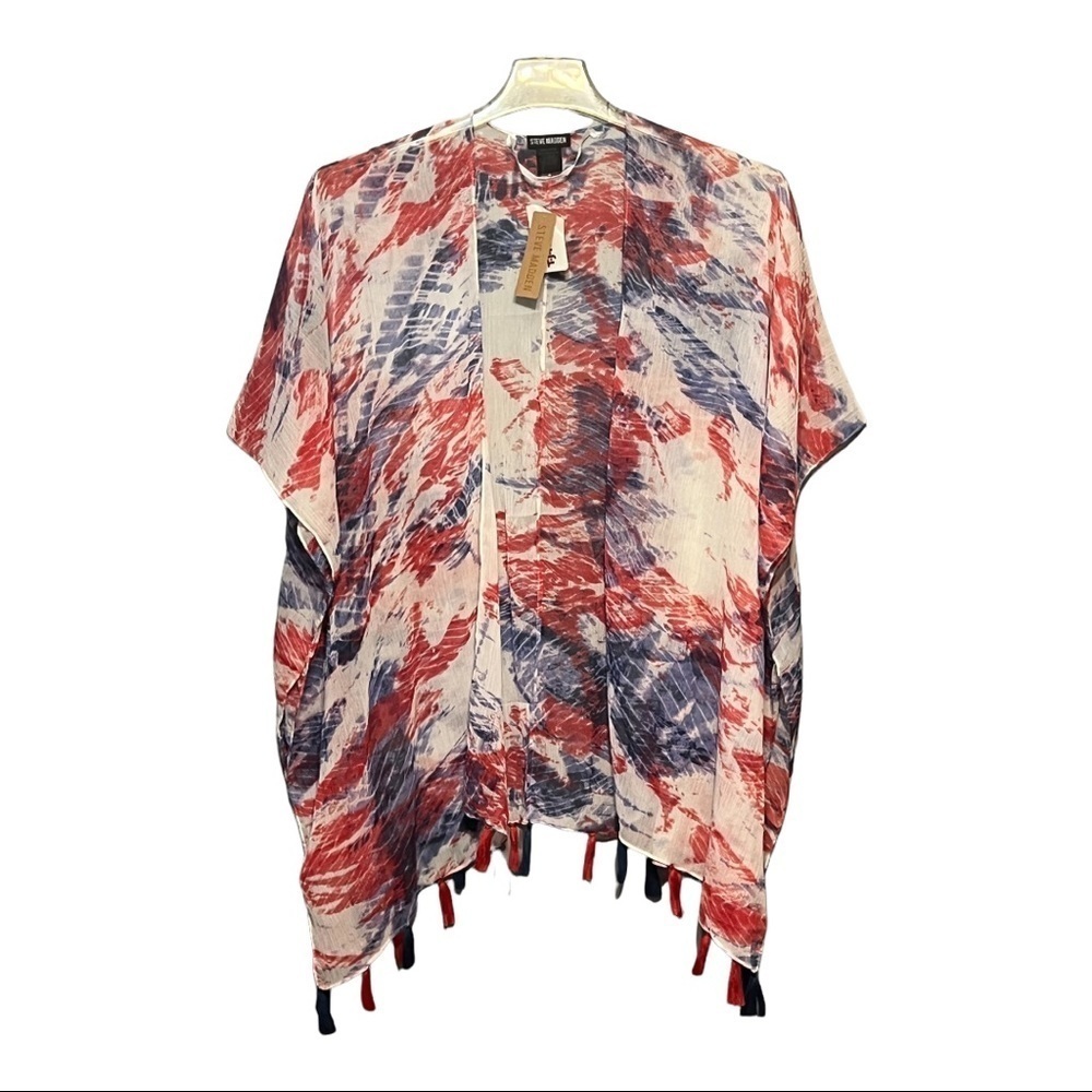 Steve Madden Kimono Swimsuit Cover-Up Red White Blue Lightweight Tie Dye Fringe